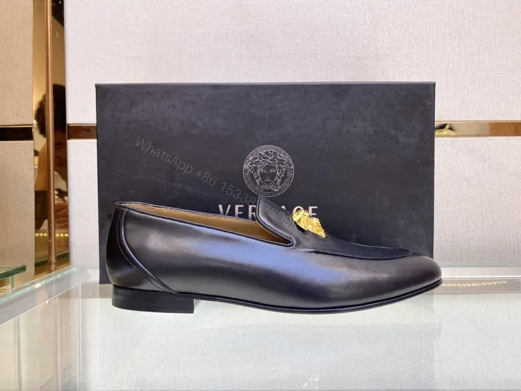 View 6 of Navy Calfskin Loafers + Gold Medusa Buckle â€” Versace-Inspired Luxury