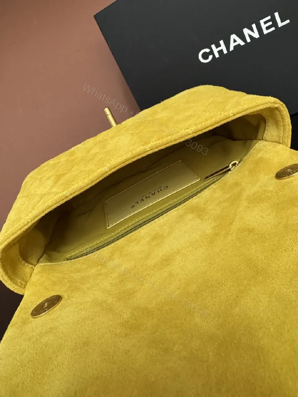 View 8 of Mustard Quilted Mini Flap Bag with Gold Chain