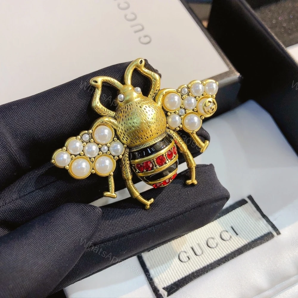 View 6 of Gucci GG Black And Red Bee Brooch Gold With Pearl