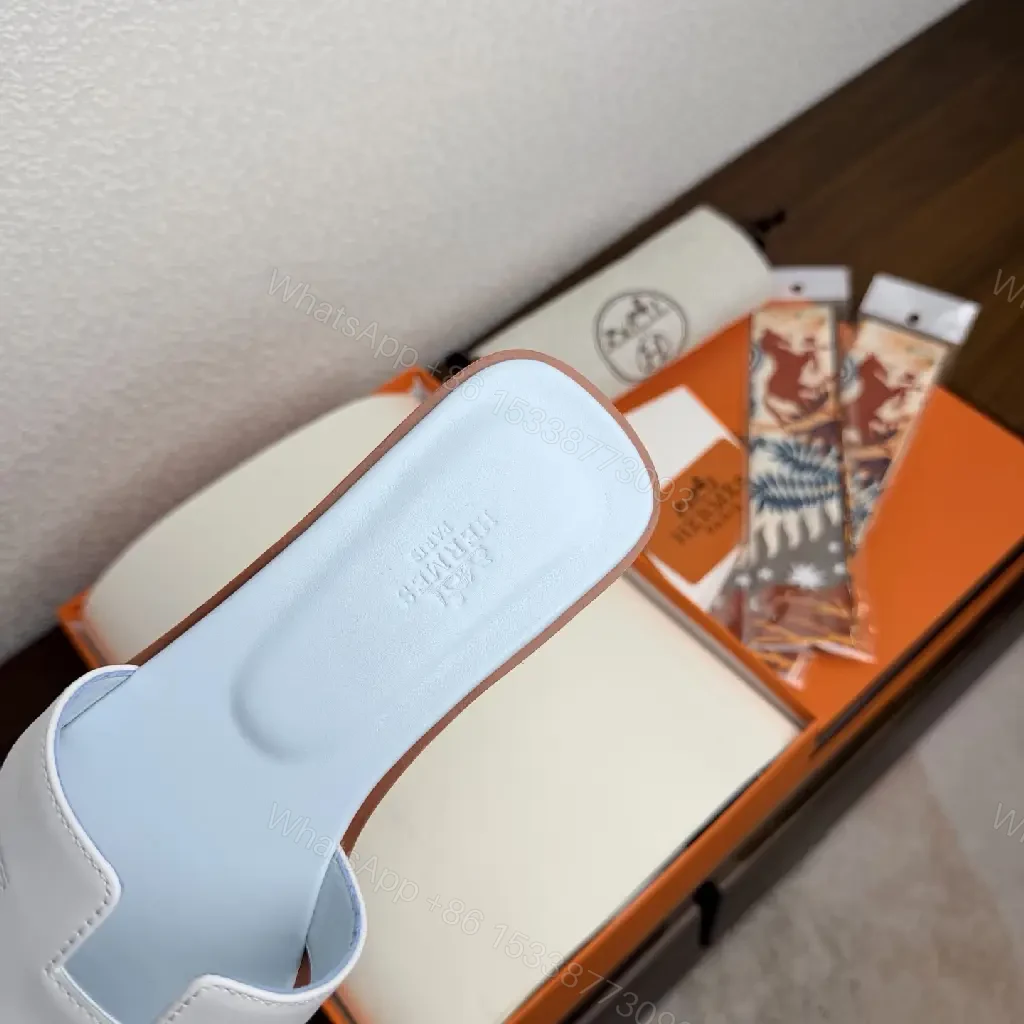 View 8 of Blue Leather H Sandals Hermes-Style Slippers
