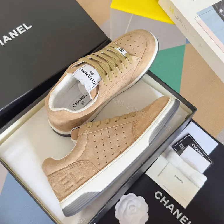 View 9 of Nude Suede Chanel-Inspired Casual Sneakers with Comfort-Boost