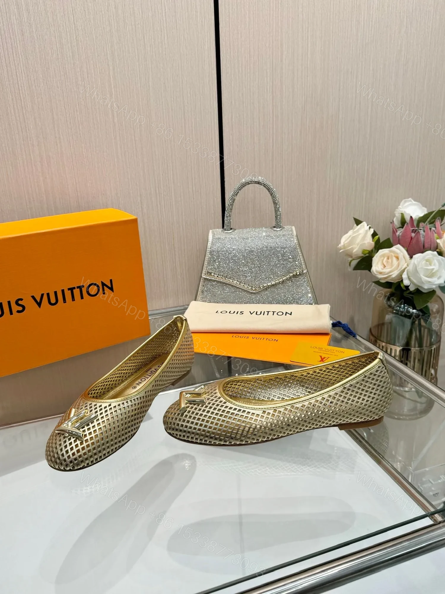 View 5 of LV Women Gold Metallic Mesh Ballet Flats