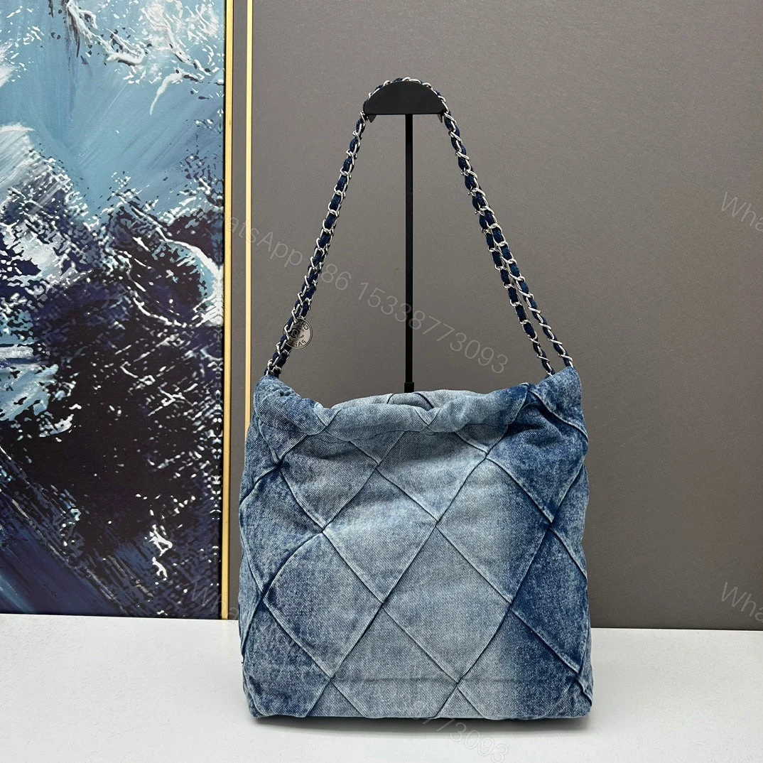 View 2 of Chanel Large 22 Bag Faded Blue Denim Silver Hardware