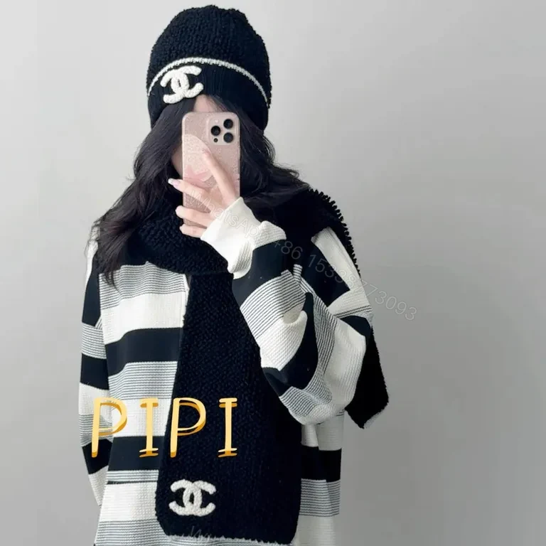 View 6 of Chic Logo Plush Scarf & Beanie Set â€“ Cream/Black, Cozy Luxury