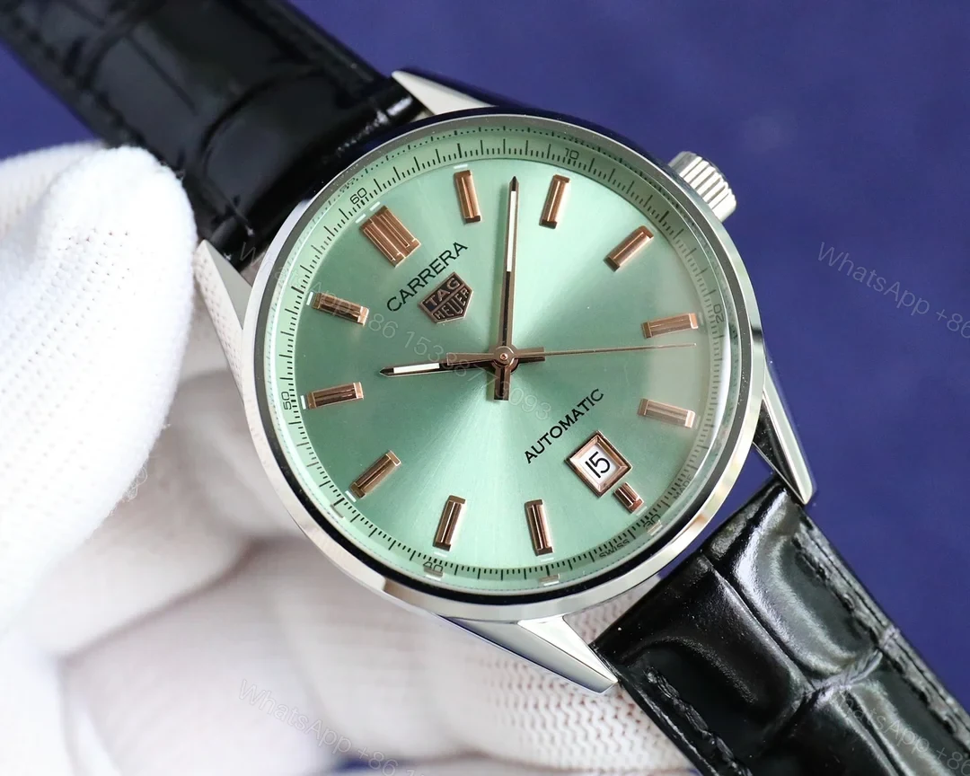 View 2 of TAG Heuer Carrera WBN2111 Automatic Turquoise Green Dial Watch 39MM Black Leather Strap Premium Edition TAG-CAR-WBN2111-TGR-BLK-39