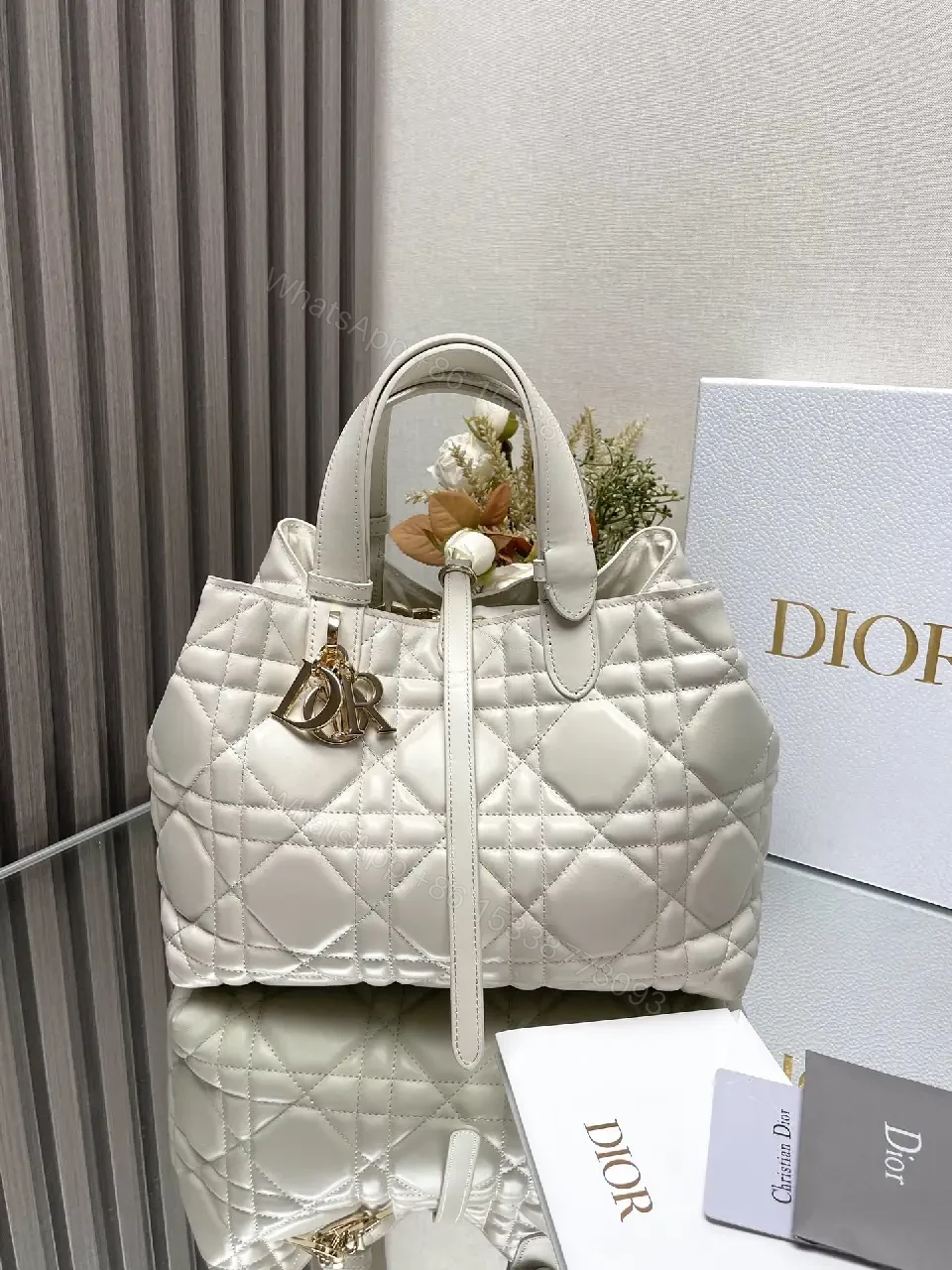 View 4 of Soft Quilted Dome Handbag, Ivory Leather, Couture-Inspired, Gold Charm, Handbag