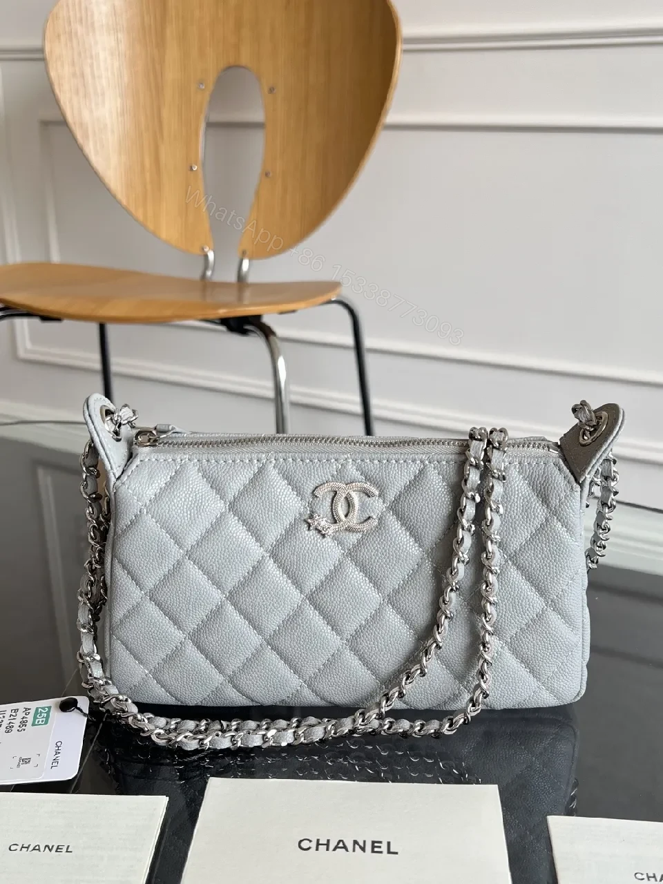 View 3 of Quilted Grey & Pink Mini Bag Set: Double-C Hardware, Chain Strap