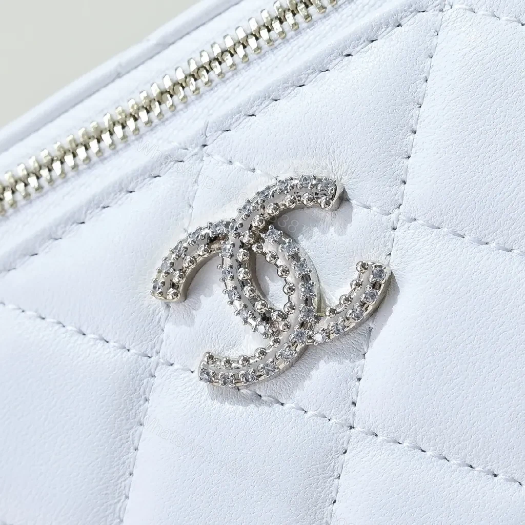 View 9 of Compact White Quilted Crossbody with Silver Chain Emblem