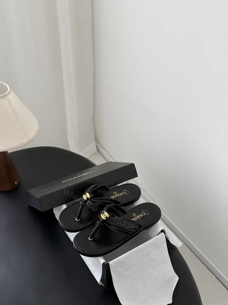 View 9 of Black Leather Sandals Satin Classic Gold Logo Slippers