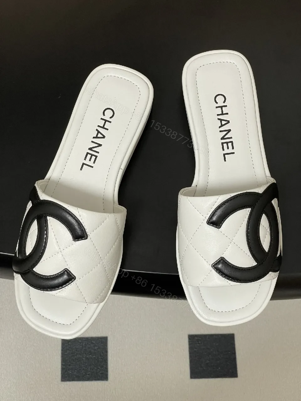 View 8 of White Quilted Leather Slide with Interlocking Logo, Premium Comfort