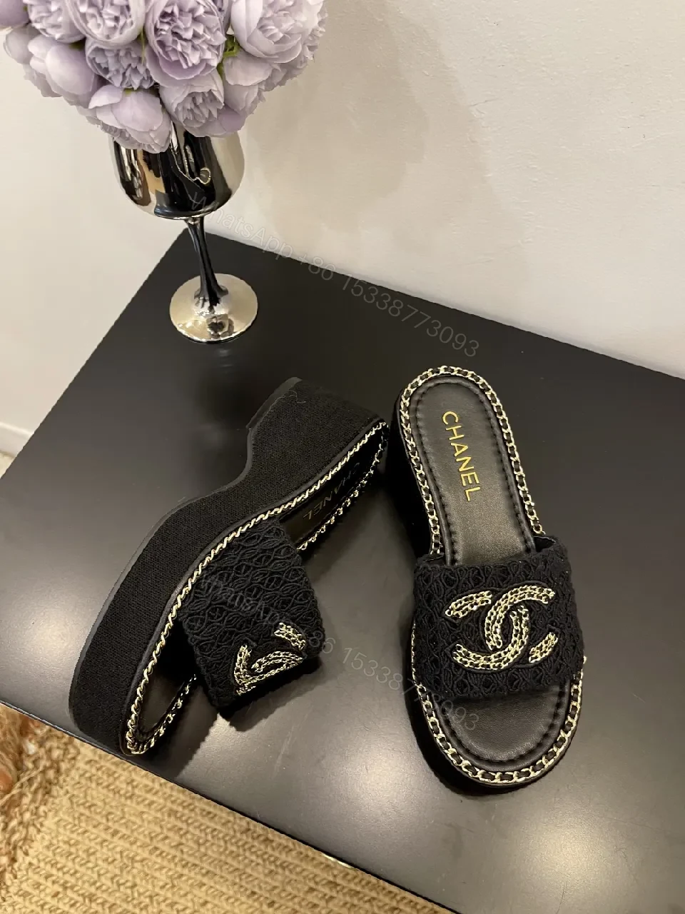 View 3 of Lux Knit Slides with Signature Chain Detailing