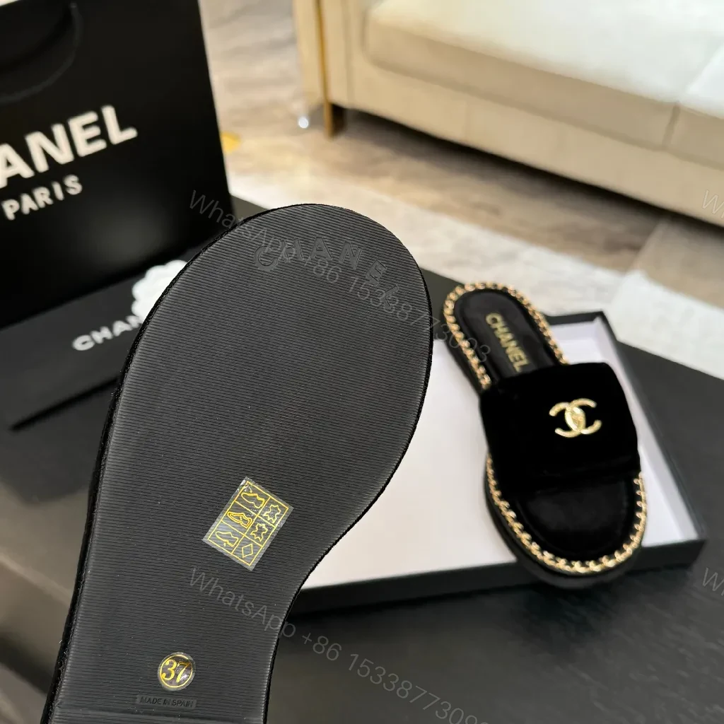 View 7 of Velvet Black Slide-Ons with Chain Trim, Luxe Casual Comfort
