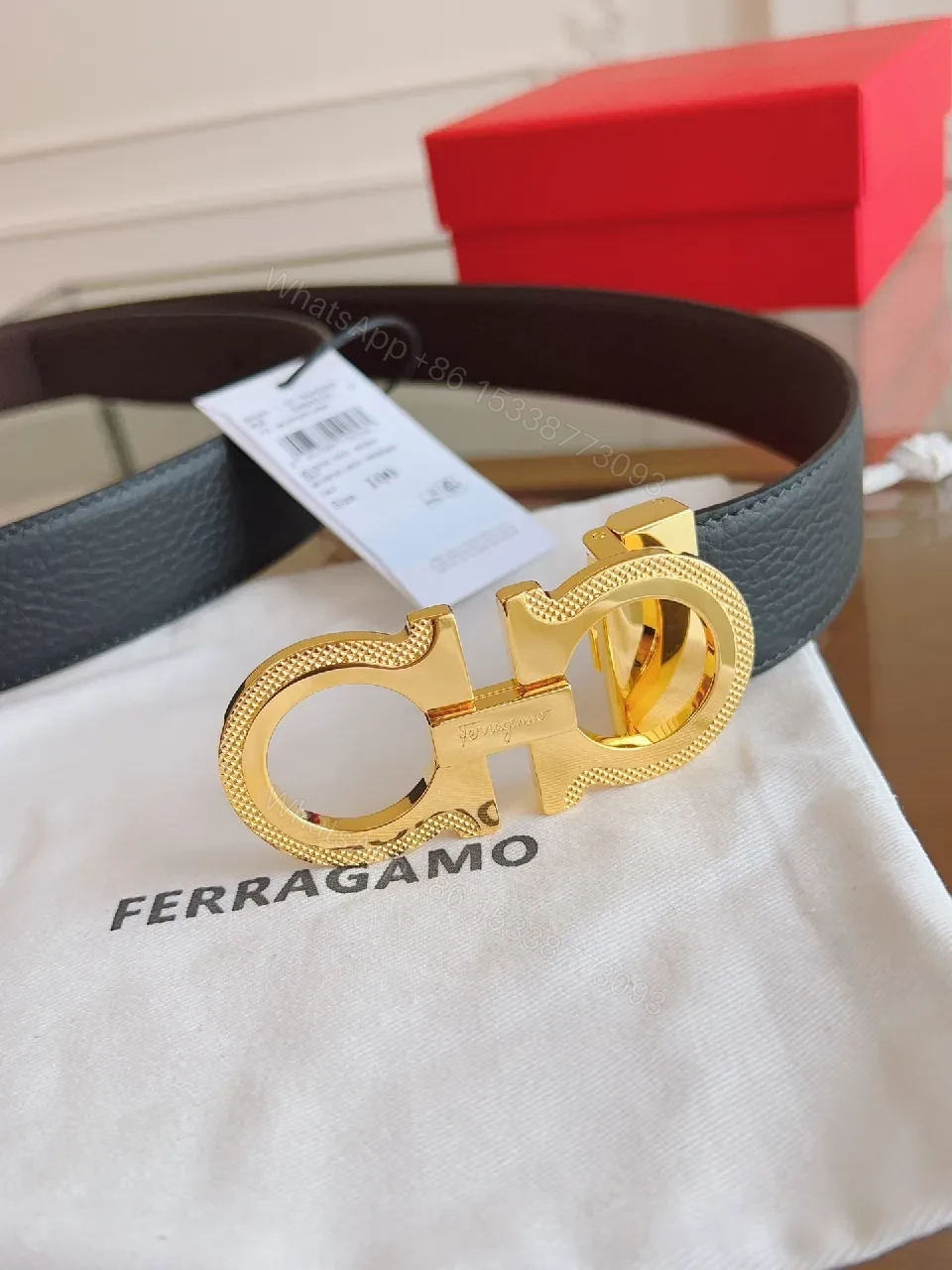 View 9 of Black Leather Belt with Gold Gancini Clasp, Luxe Classic Style, Adjustable