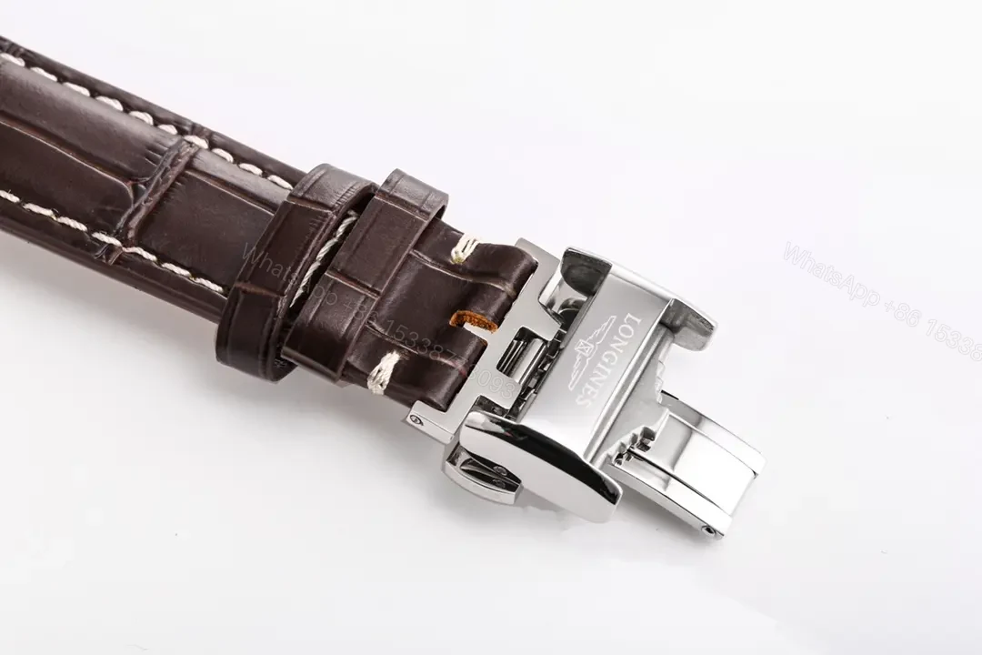 View 9 of Longines Master Collection Moon Phase 40mm Watch Silver Dial Blue Hands Brown Leather Strap