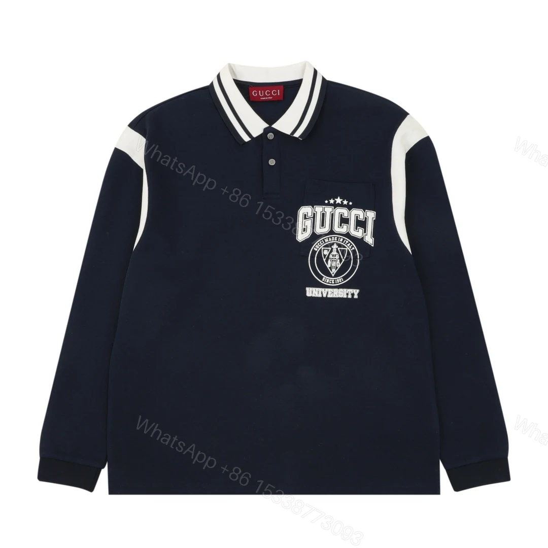 Gucci 高仿男款長袖POLO 大學風刺繡海軍藍拼色款運動感上衣 — view 1