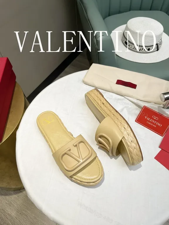 View 5 of Valentino Garavani Slides: Beige Calf Leather, V Logo, Comfort