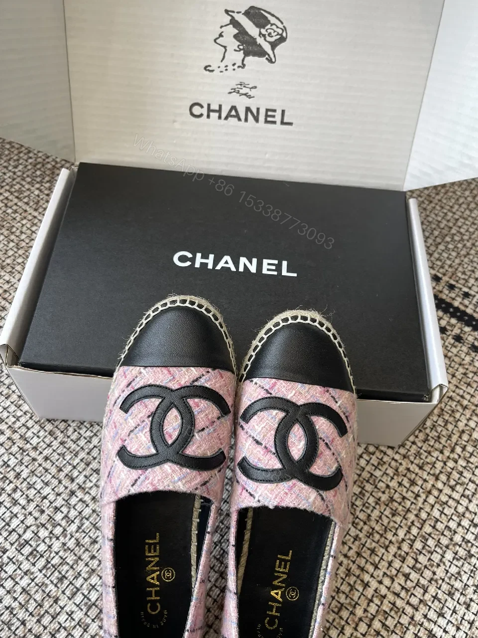 View 9 of Pink Tweed Espadrilles – Black Toe, Logo Detail, Slip-On Comfort