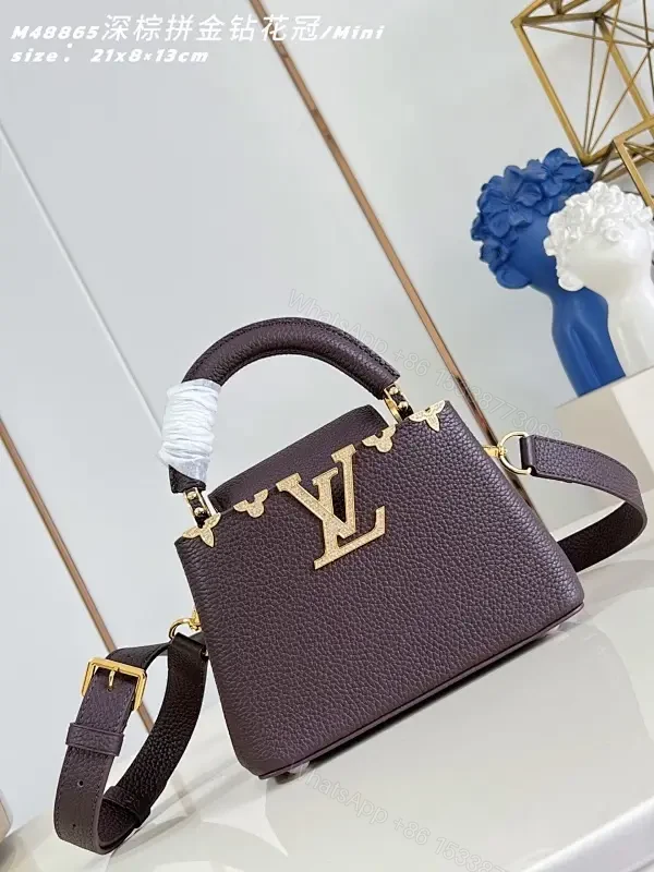 Compact Pebbled Leather Handbag with Gold Hardware, Brown, Crossbody/Top Handle — view 1
