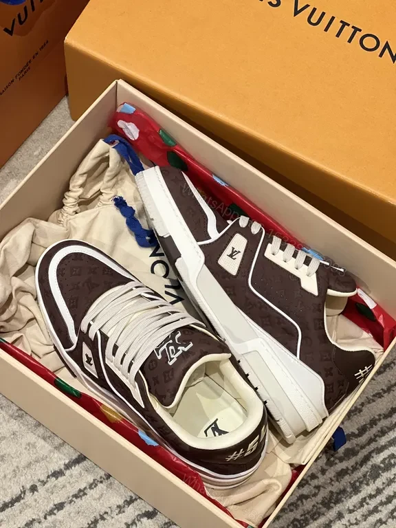 View 7 of Brown Leather Low-Top Sneakers with LV Monogram, White Trim and Sole