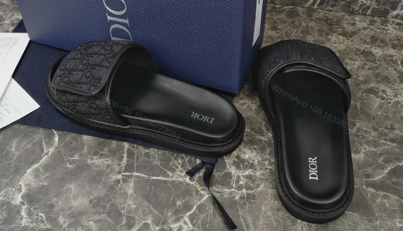 View 4 of Black Mono Slide: Textured Strap Luxury Slides
