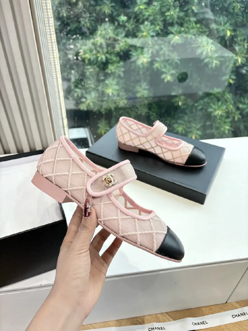 View 5 of Pink Quilted Mary-Jane Flats with Black Cap Toe