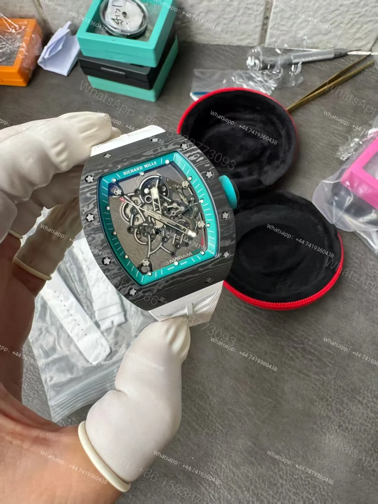 View 18 of Richard Mille RM 055 “Yas Marina Circuit” Carbon TPT Vaucher Free-Sprung White Rubber Strap Custom Super Clone