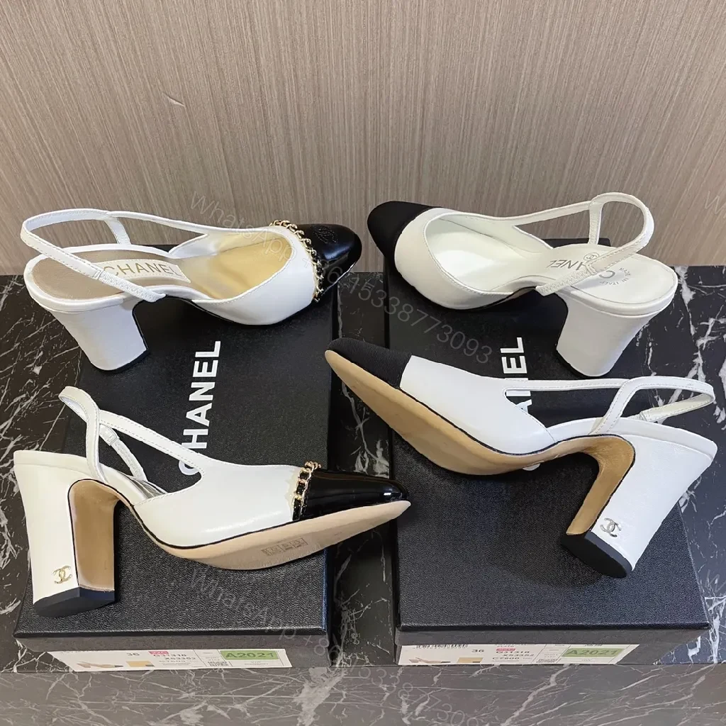 View 9 of Textured Leather Sling-Back Pumps with Chain Detailing