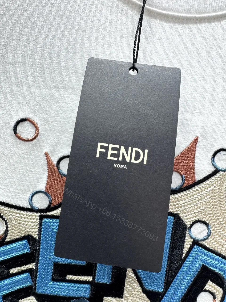 View 2 of White Cotton Tee — Pop Art Fendi Emblem, Graphic Statement Tee