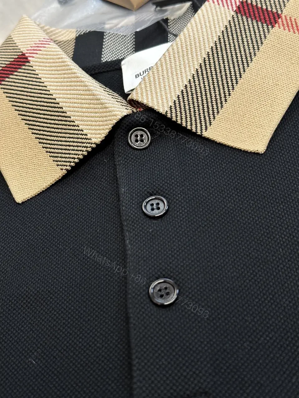 View 2 of Textured Knit Polo with Plaid Collar, All-Season Luxury polo