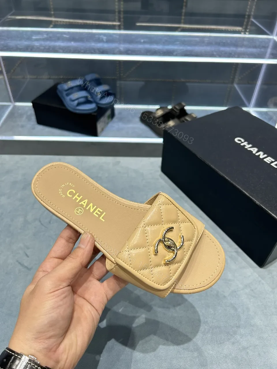 View 5 of Beige Quilted Leather Slide Sandals with Logo Detailing
