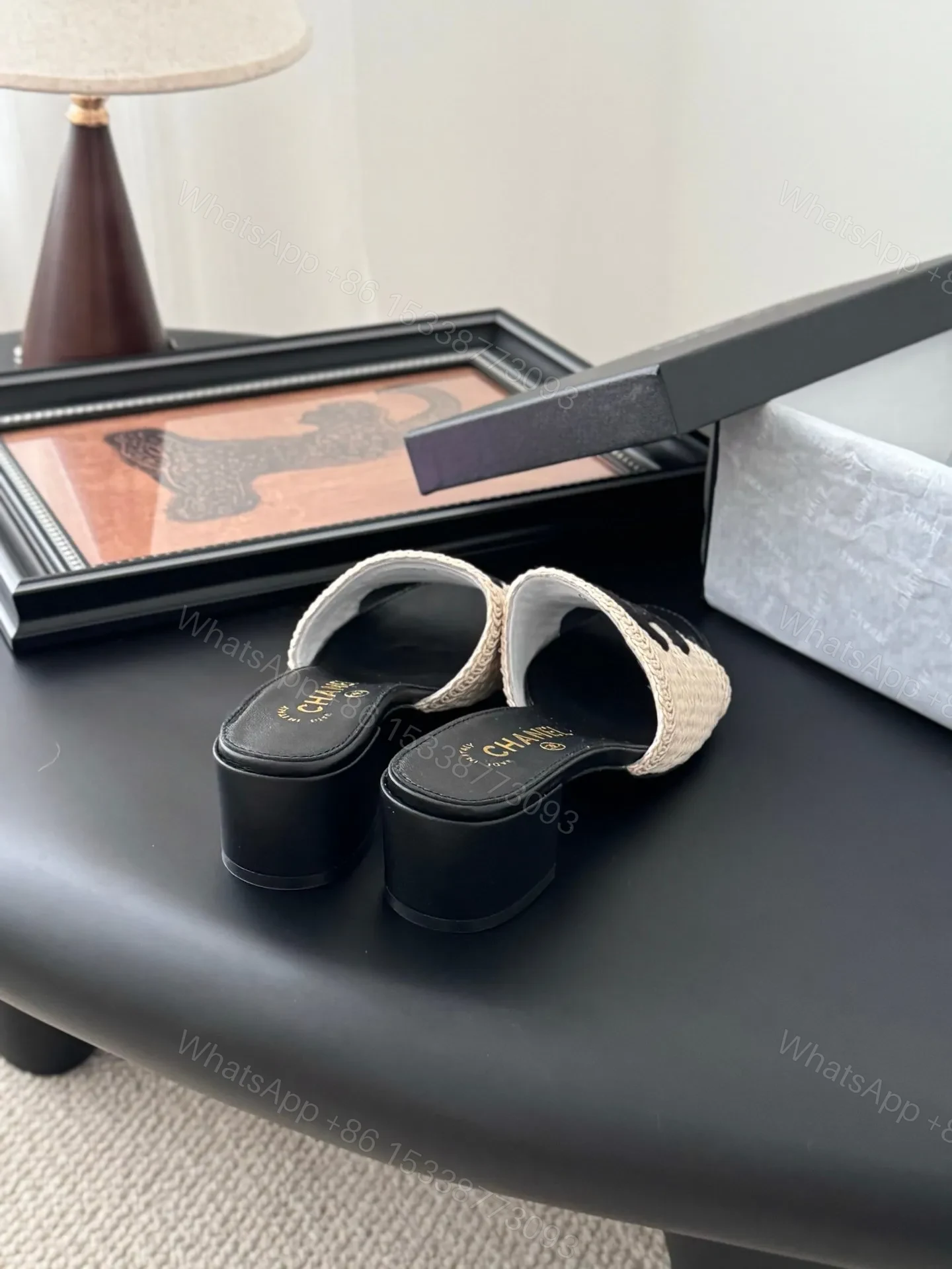 View 3 of Chanel Women Beige Woven Fabric Black Leather Slides