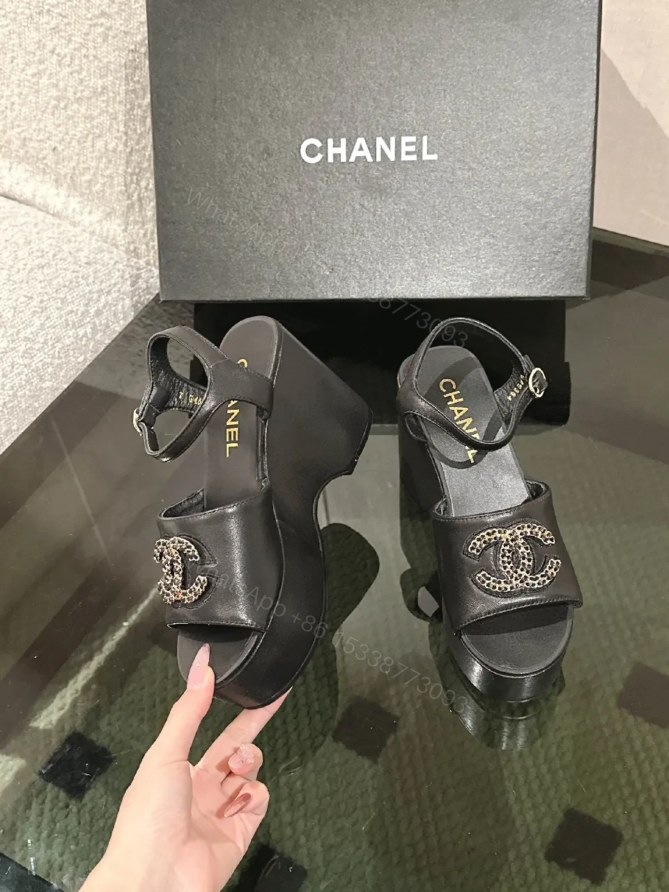 View 3 of Black Leather Block Heel Sandals with Logo Charm, Open Toe, Ankle Strap