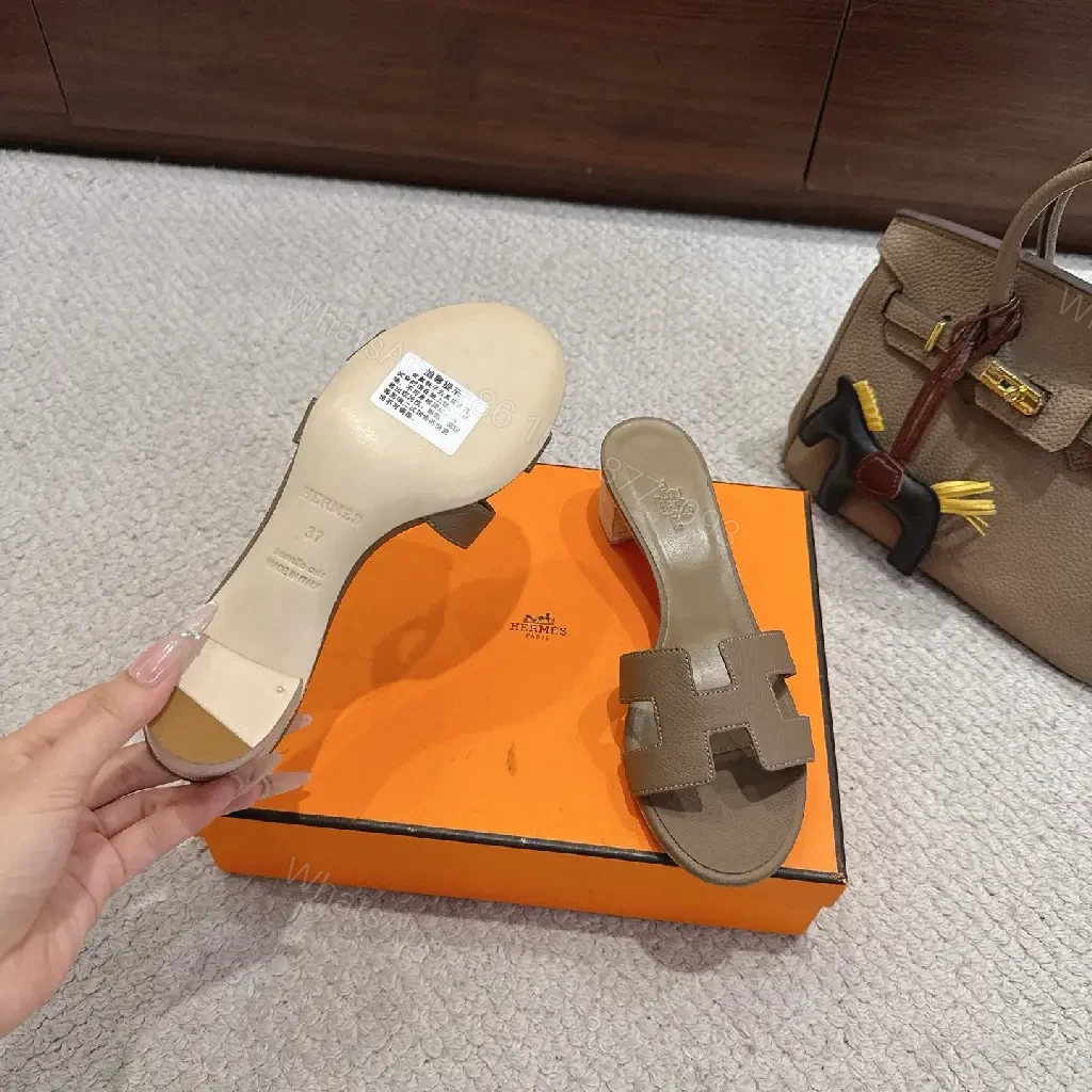 View 5 of Brown Leather Hermes-Style Heeled Sandals, Grained, Open-Toe, Signature Buckle, Sandal Type