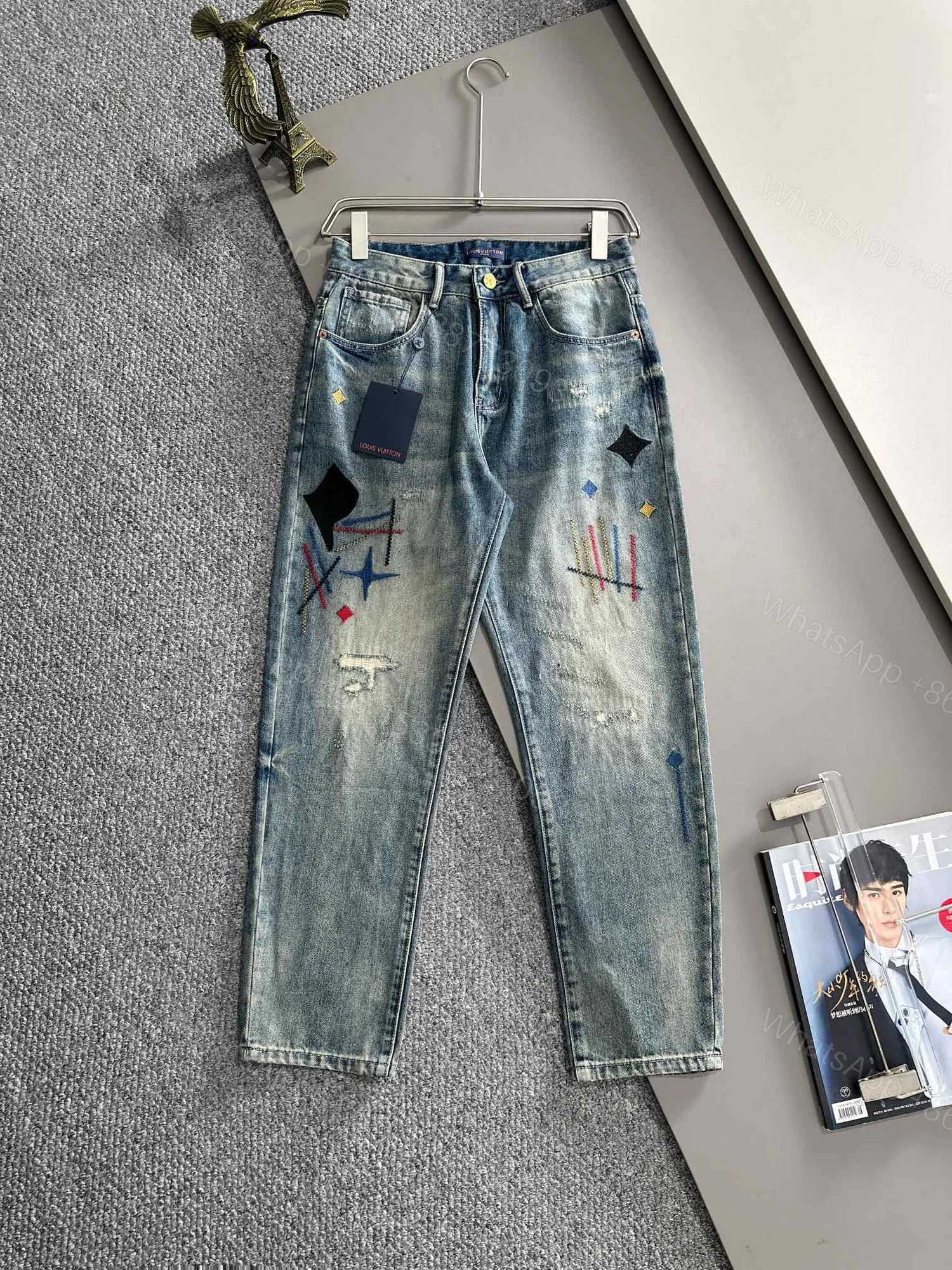 LV A貨男士牛仔褲彩色刺繡做舊街頭潮流款 — view 1