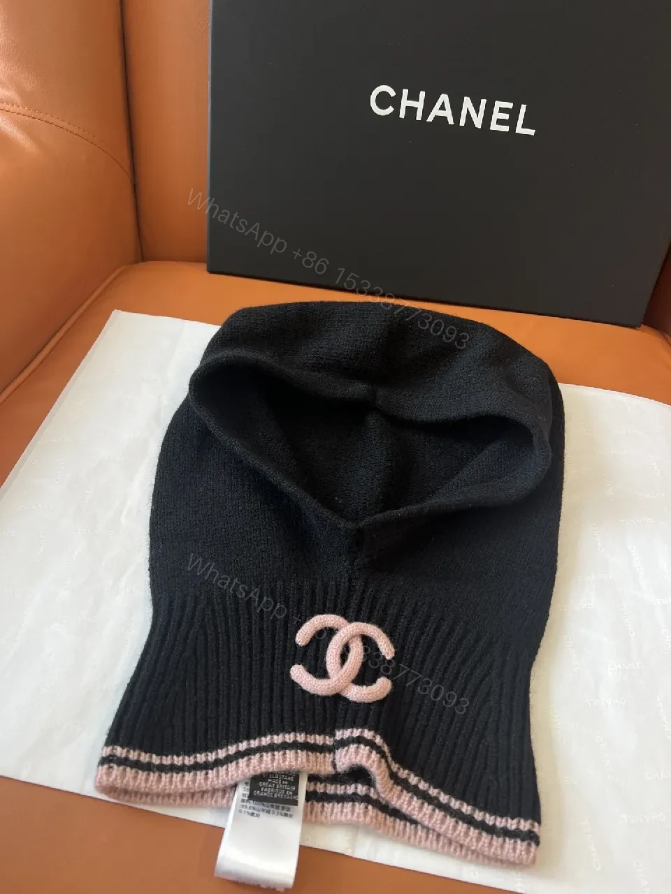 View 3 of Apolline Knit Hood: Black + Pink Trim, Luxe Cozy Style