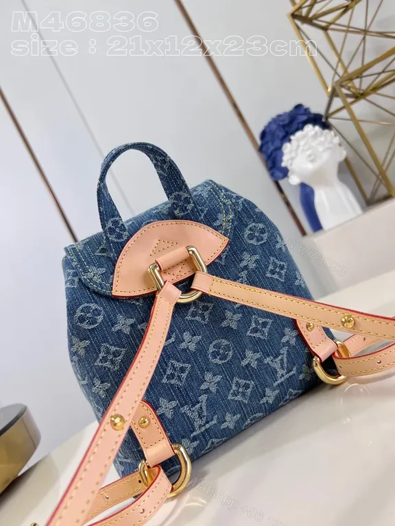View 6 of Blue Denim Monogram Backpack - Gold Hardware, Imitation LV Style