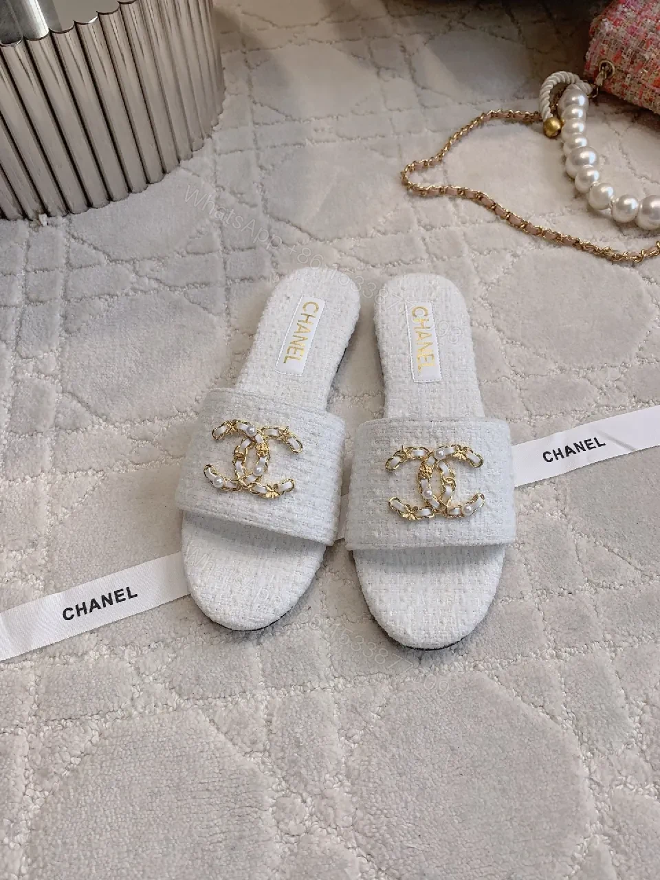 View 9 of Chanel-Inspired Textured Slider with Gold Chain Crest