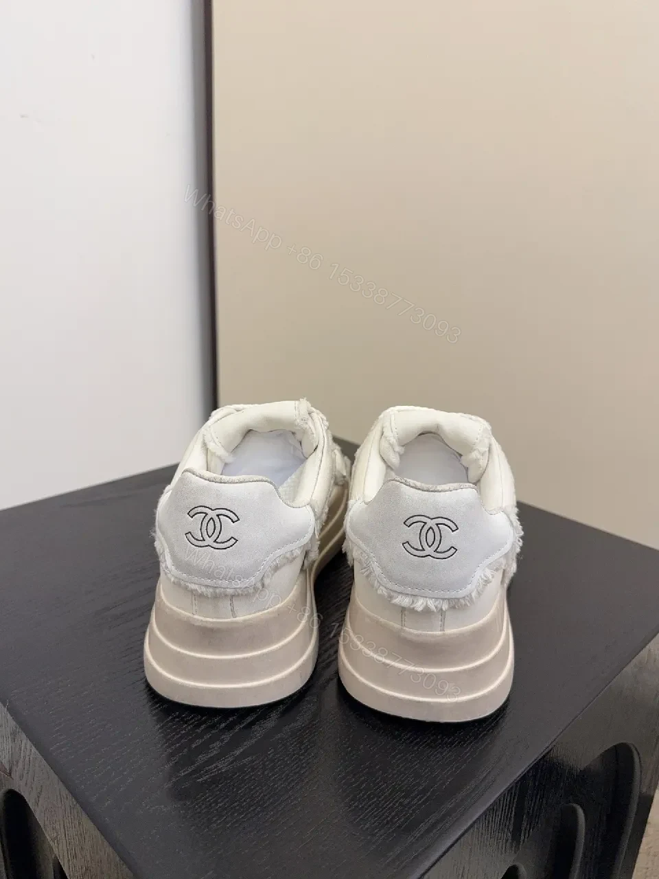 View 3 of White Leather Chunky Sneaker with Textured Panels, Signature Stitching