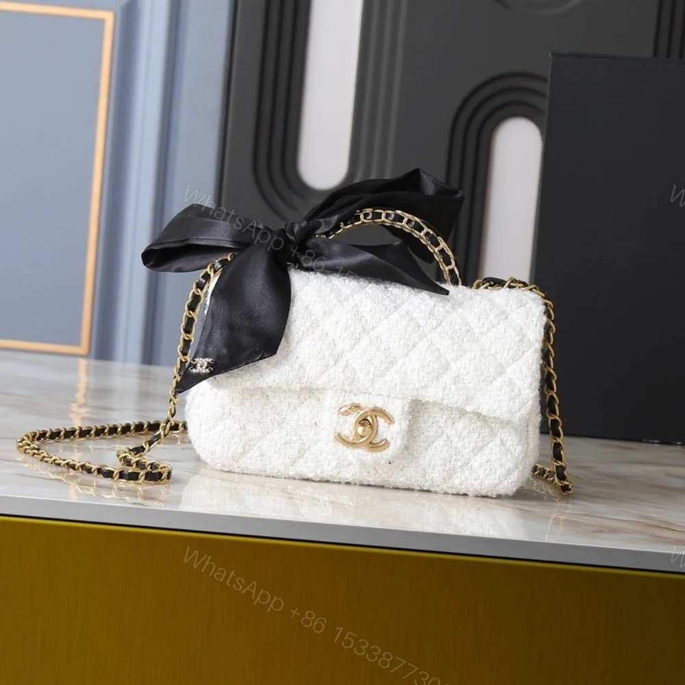 View 2 of Chanel Mini Flap Bag With Top Handle Velvet Silk And Gold Tone Metal White 20Cm As5875 B22482 Mb103