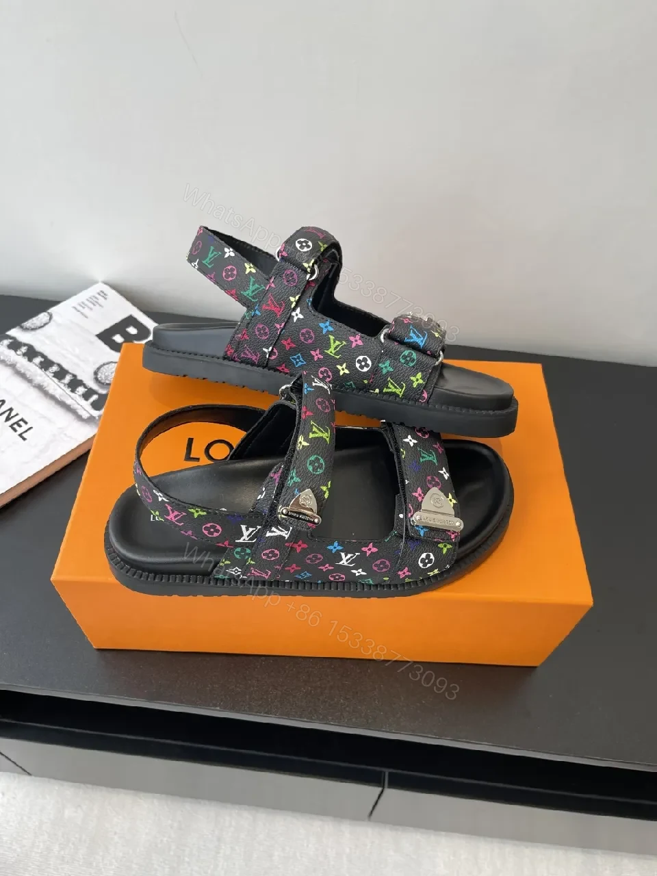 View 3 of Bold Patterned Strap Sandals with Rainbow Monogram Logo