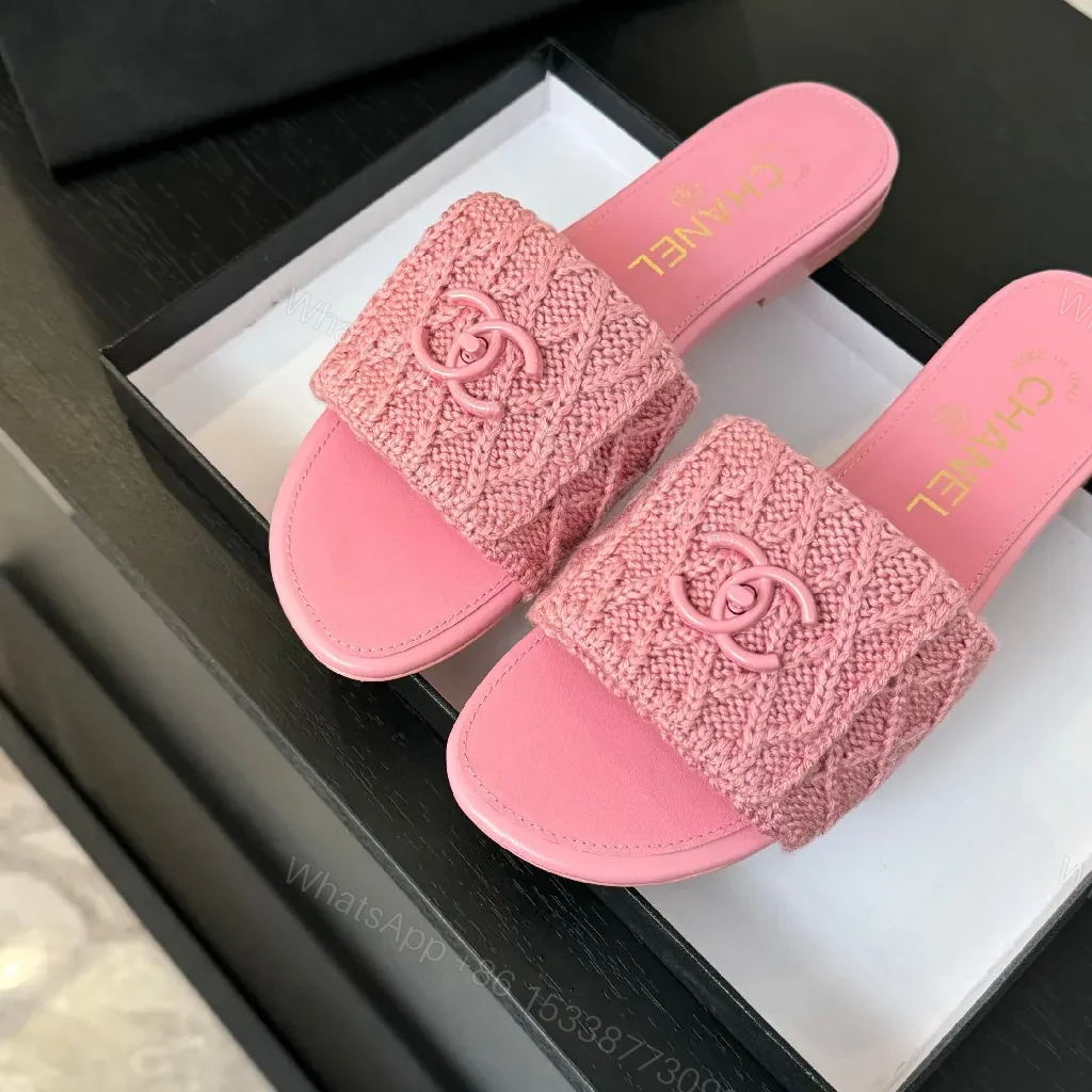 View 6 of Pink Knit-Trim Slides: Plush Couture-Inspired Comfort