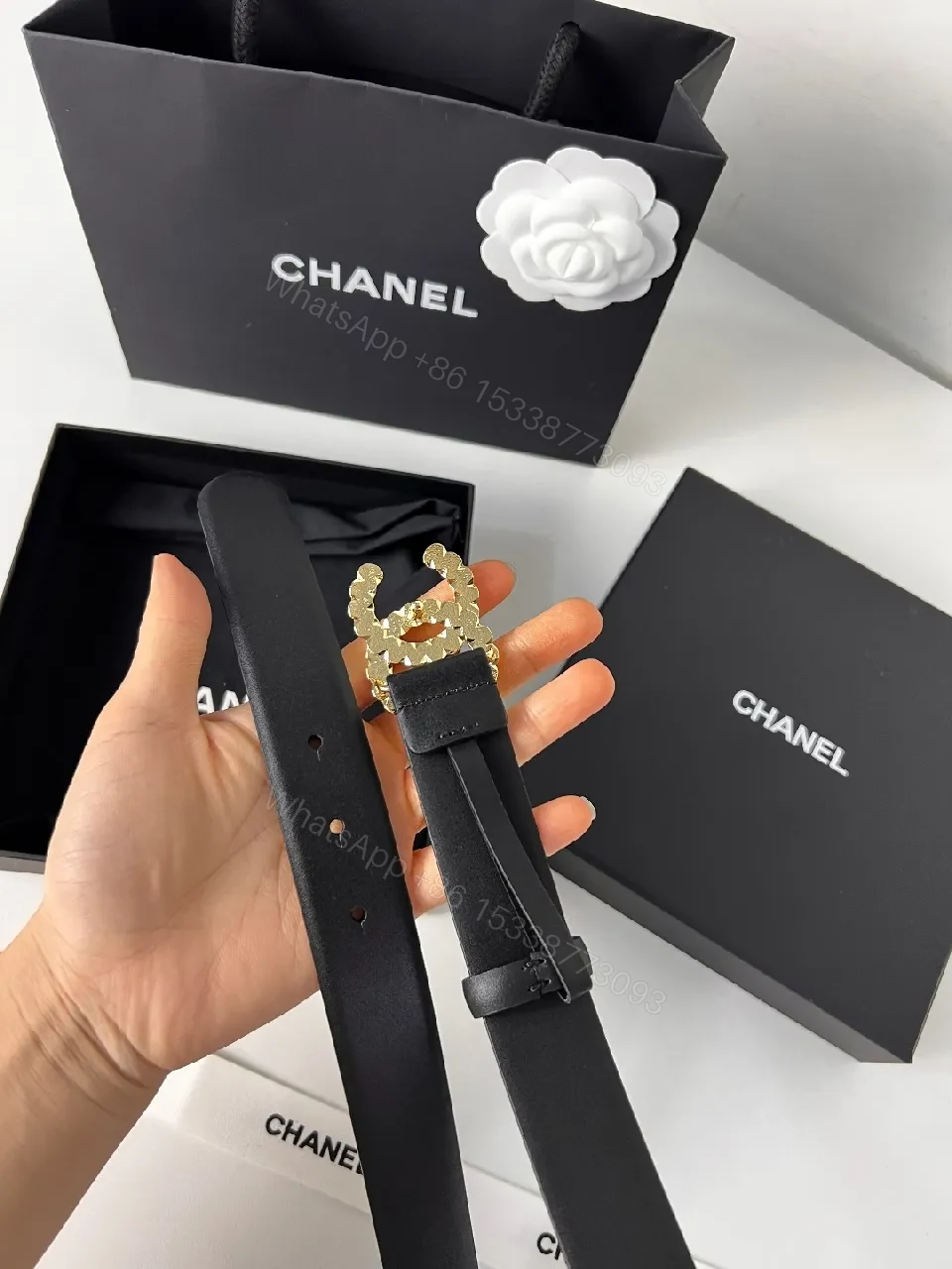 View 2 of Black Leather Belt with Crystal Buckle - Luxe, Versatile Accessory
