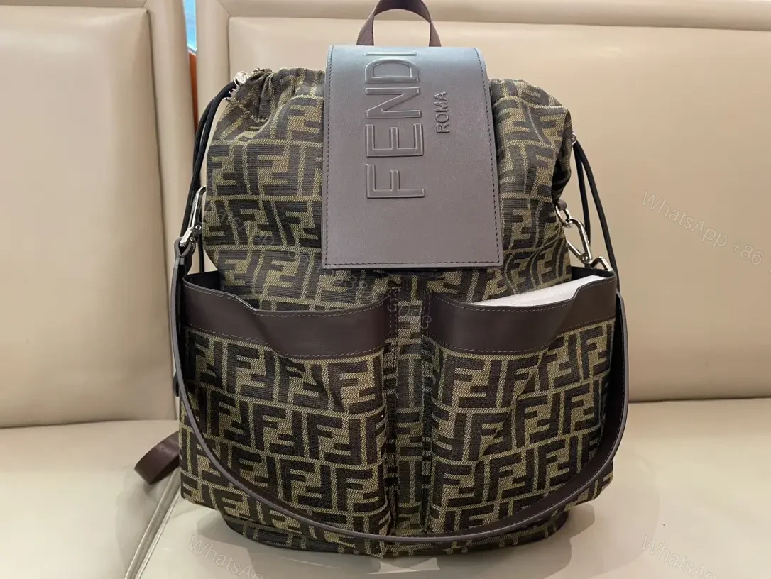 View 7 of Brown/Olive Modern Backpack with Fendi Monogram, Leather Accents, Gray Flap