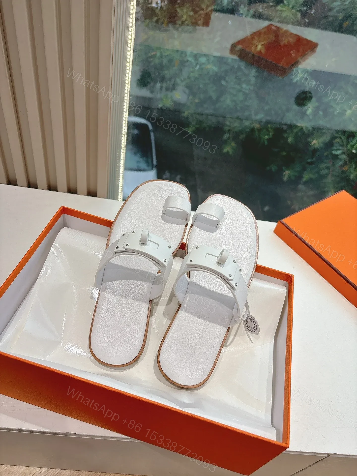 View 5 of Hermes Women White Leather Flat Sandals