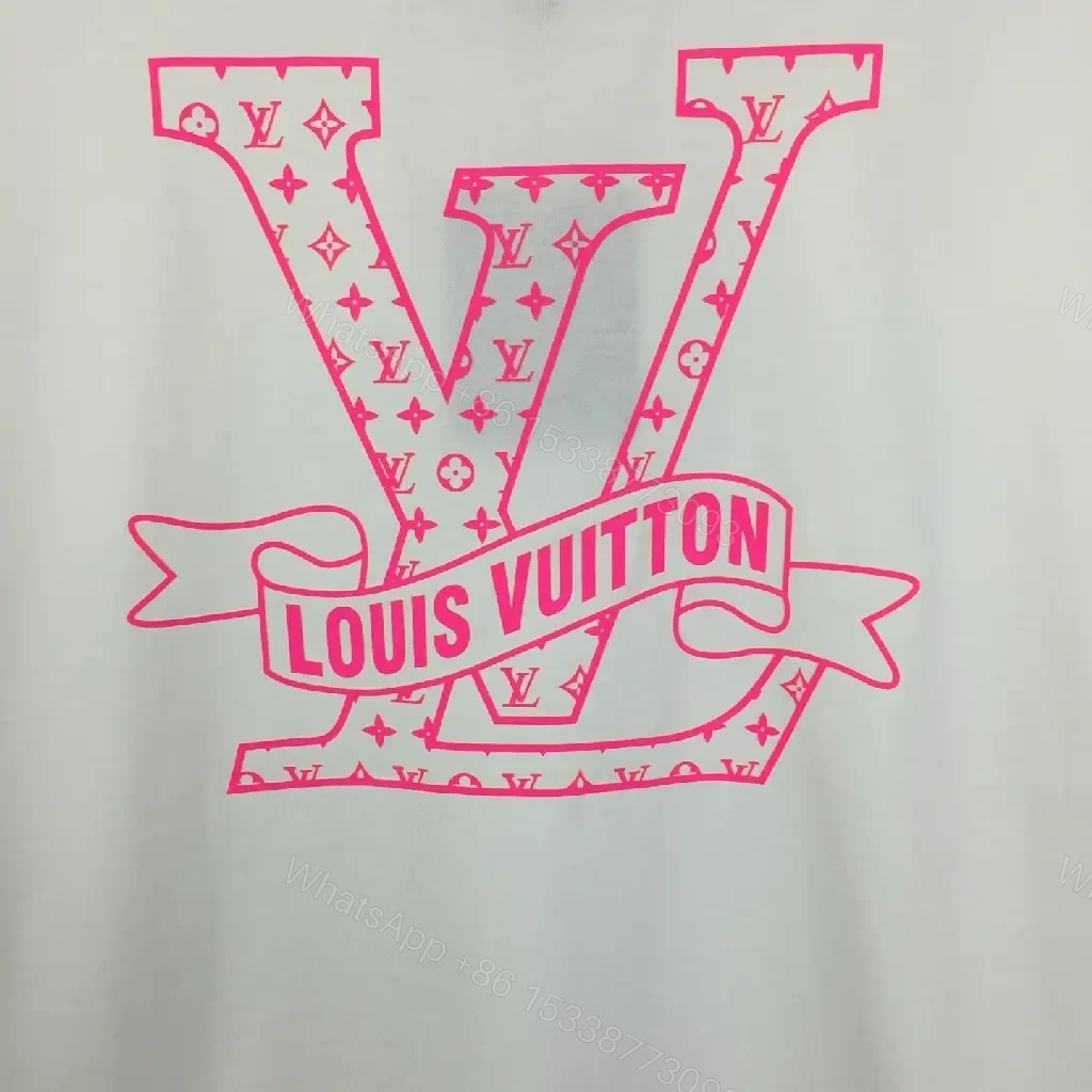 View 2 of White Cotton Tee with Pink LV Emblem – Minimalist Luxe Top