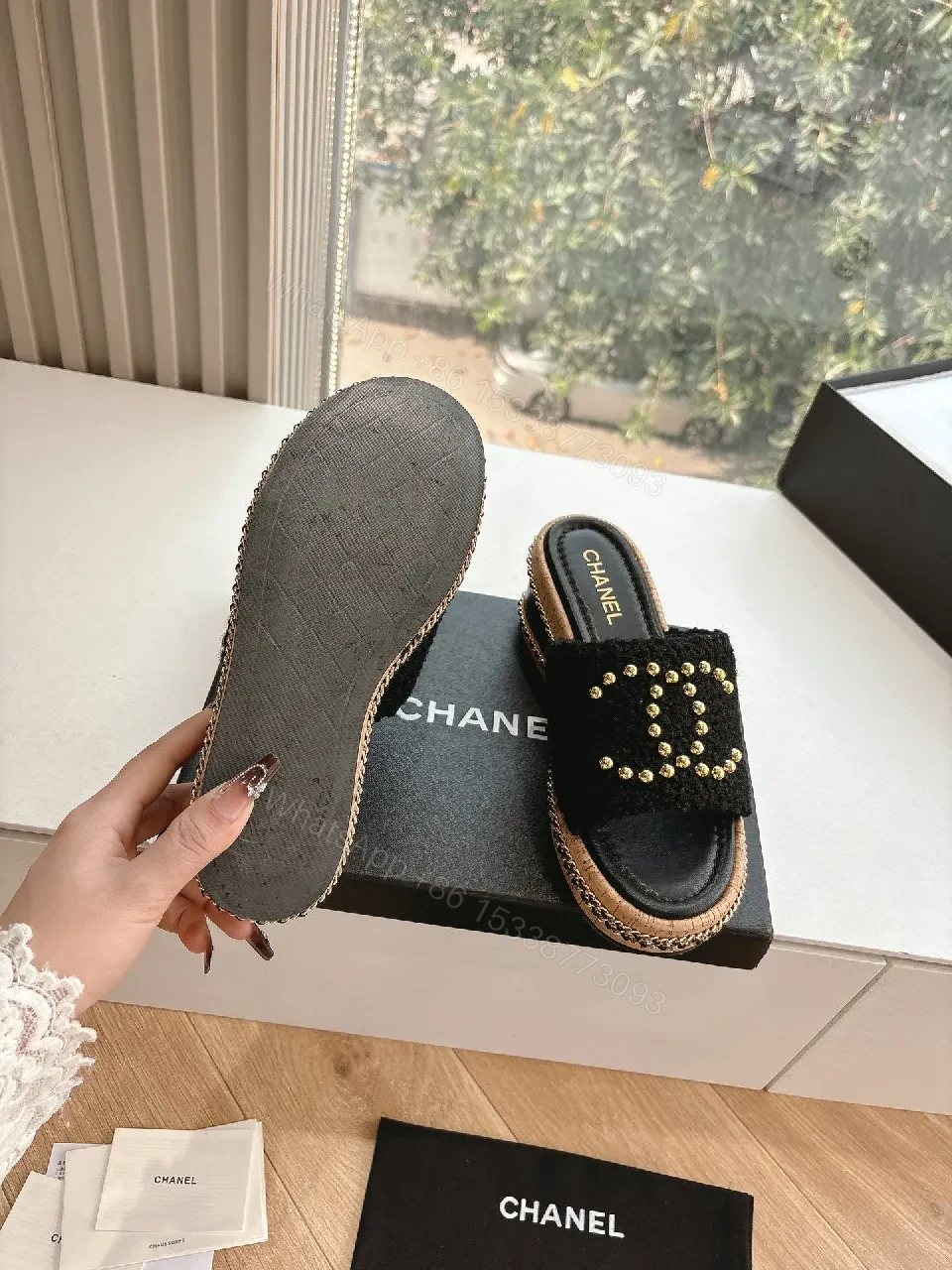 View 4 of Textured Black Sandals with Gold Bead Embellishment