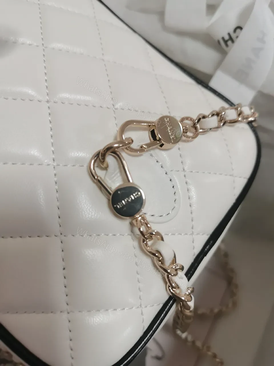 View 9 of Quilted White Bag with Gold Chain: Classic Mini Comfort