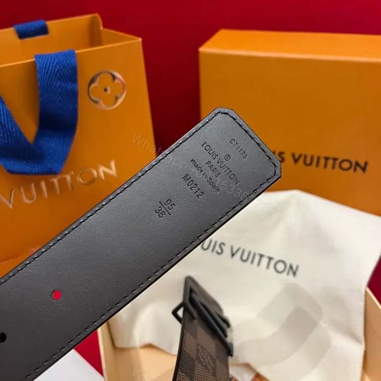 View 6 of Leather-Luxe LV Belt: Damier Pattern, Logo Buckle, All-Day Comfort