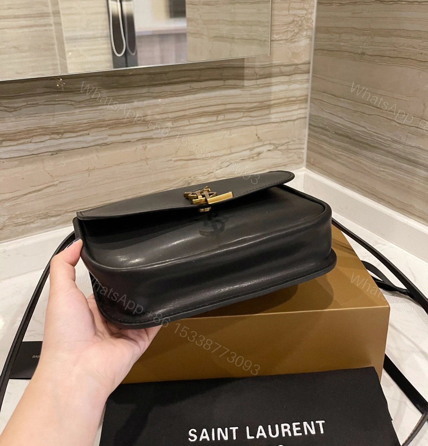 View 3 of SAINT LAURENT Smooth Calfskin Classic Monogram Small Kaia Satchel Black