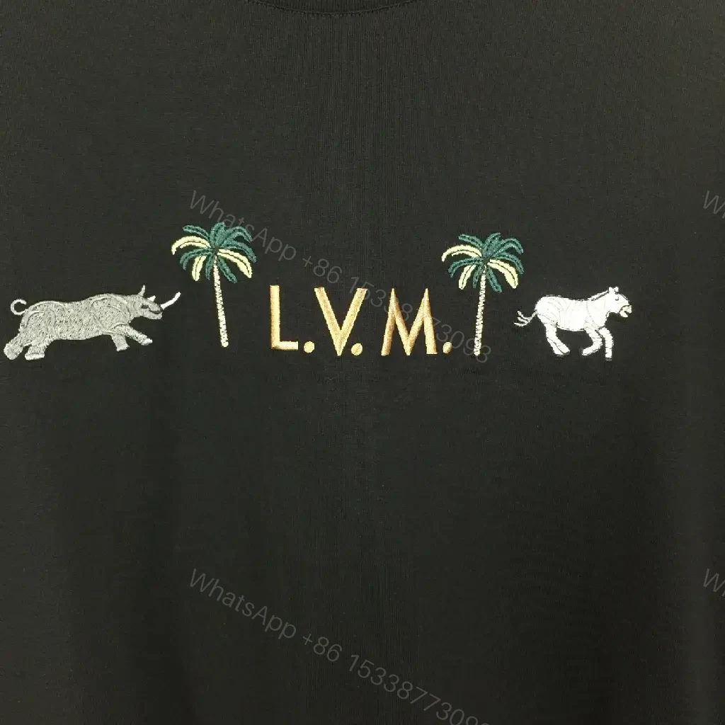 View 3 of Black Cotton Blend Palm Monogram Tee - Elevated Casual Staple